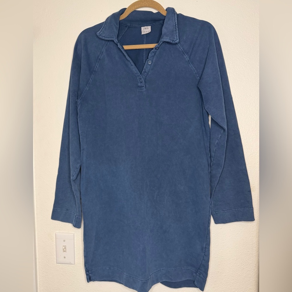 Zara Blue Long-Sleeve Shirt Dress